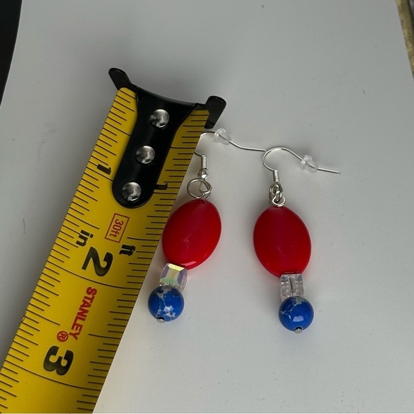 Square AB Glass Bead Earrings and blue and red glass Handmade patriotic 3476 - Picture 4 of 10